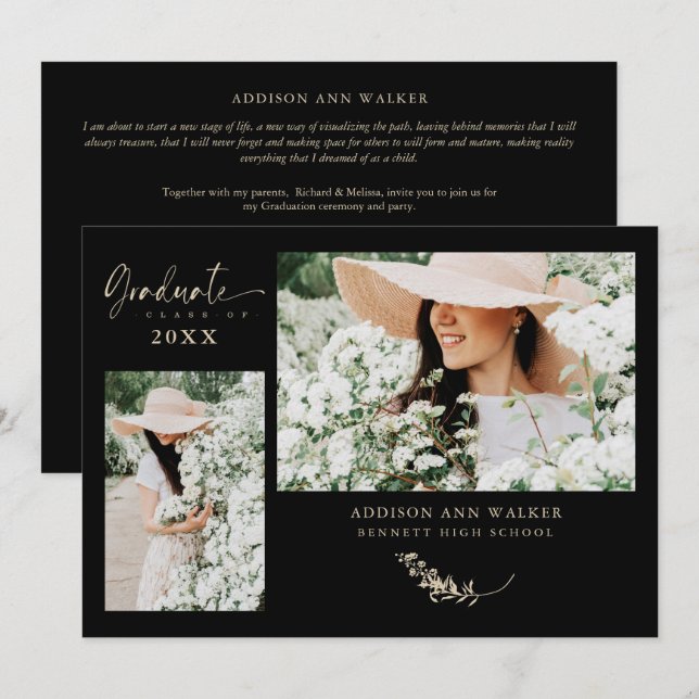 Black Gold Trendy Branches Graduation 2 Photos (Front/Back)