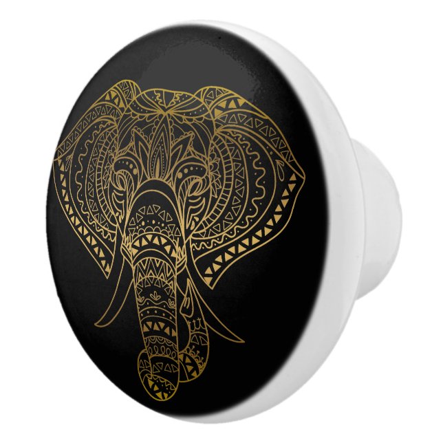 Black Gold Tribal Elephant Boho Ceramic Knob (Right)