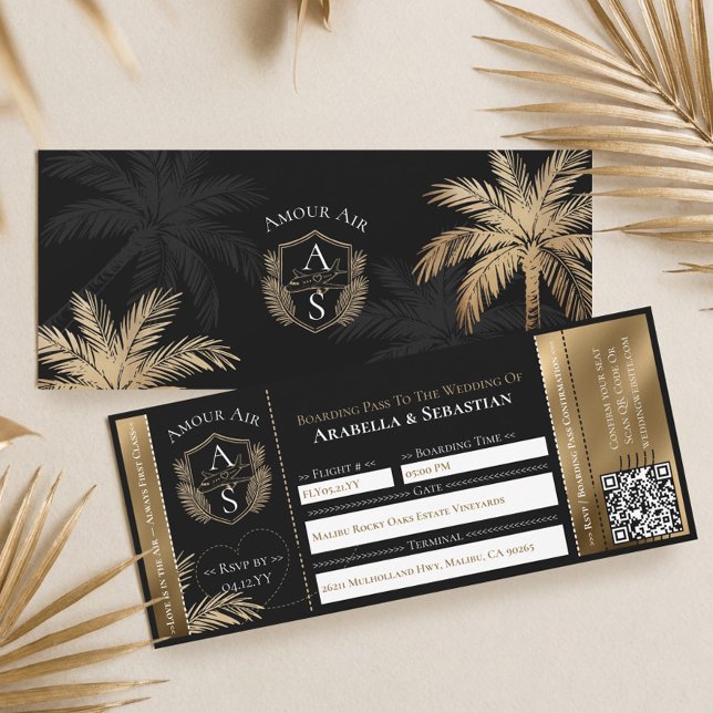 Black Gold Tropical Boarding Plane Ticket Wedding Invitation (Black Gold Tropical Boarding Plane Ticket Wedding Invitation)