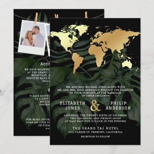 Black Gold Tropical Destination World Map Wedding Invitation