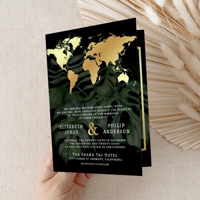 Black Gold Tropical Destination World Map Wedding Invitation (Outside)
