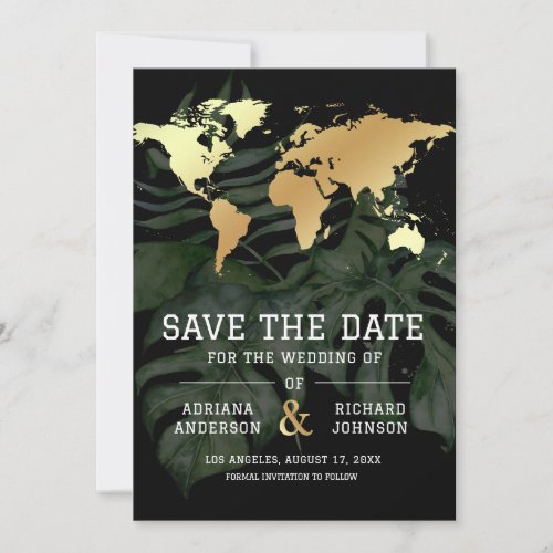 Black Gold Tropical Destination World Map Wedding Save The Date