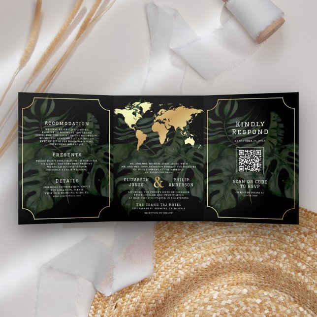 Black Gold Tropical Destination World Map Wedding Tri-Fold Invitation (Creator Uploaded)