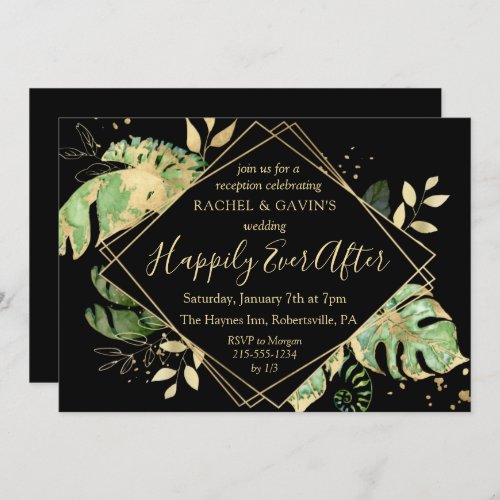 Black  Gold Tropical Elopement Wedding Reception Invitation