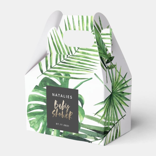 Black gold tropical foliage modern baby shower  favor boxes (Front Side)