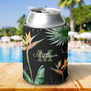 Black Gold Tropical Foliage Palm Monogram Script Can Cooler