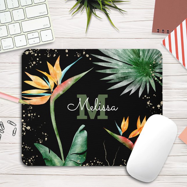 Black Gold Tropical Foliage Palm Monogram Script Mouse Pad (Creator Uploaded)