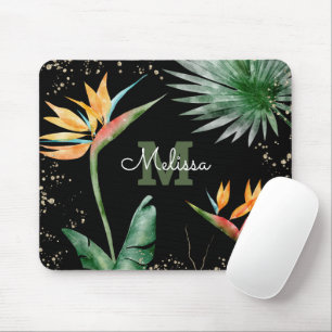 Black Gold Tropical Foliage Palm Monogram Script Mouse Pad