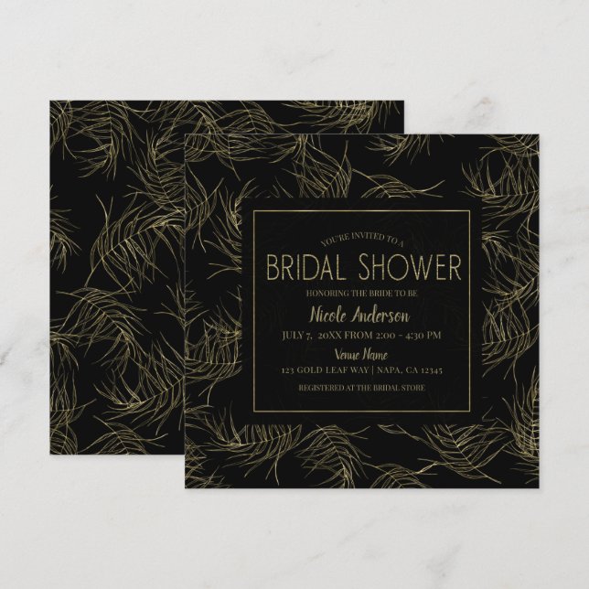 Black & Gold Tropical Glam Leaves Bridal Shower Invitation (Front/Back)