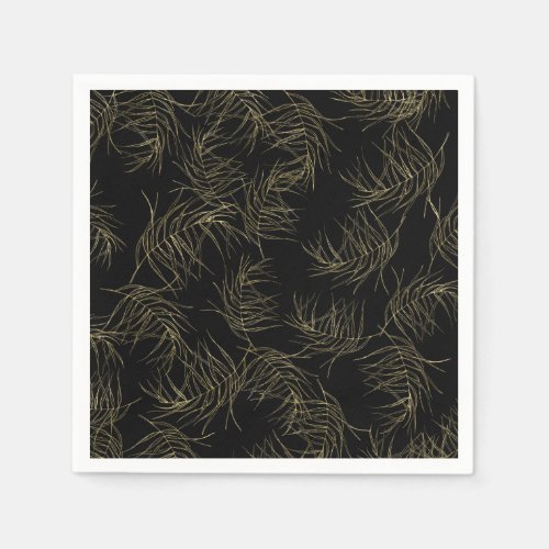 Black  Gold Tropical Glam Leaves Chic Wedding Napkins