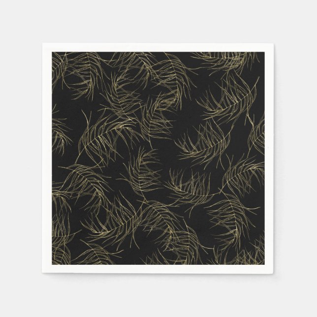 Black & Gold Tropical Glam Leaves Chic Wedding Napkins (Front)