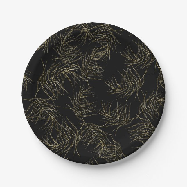 Black & Gold Tropical Glam Leaves Chic Wedding Paper Plates (Front)