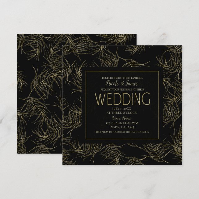 Black & Gold Tropical Glam Leaves Wedding Invitation (Front/Back)
