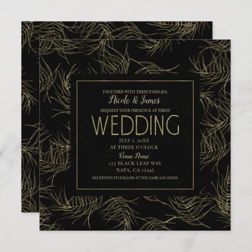 Black  Gold Tropical Glam Leaves Wedding Invitation