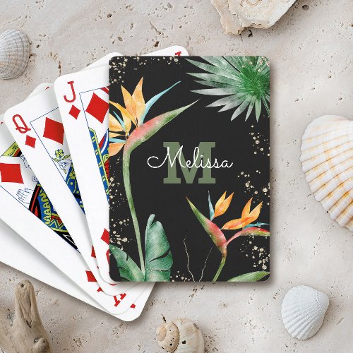 Black Gold Tropical Island Floral Monogram Script  Poker Cards