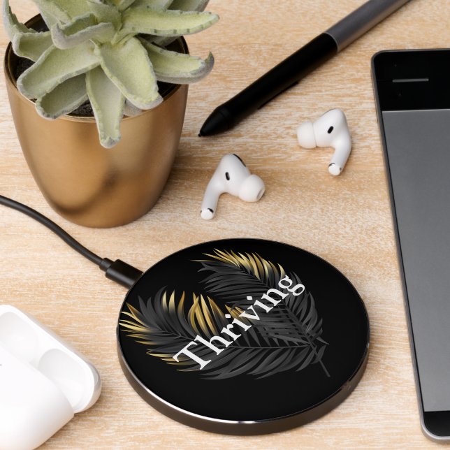 Black Gold Tropical Minimalist Thriving Quote  Wireless Charger (Desk 2)