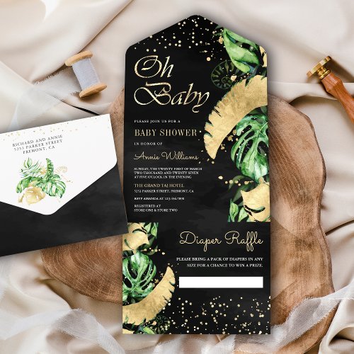 Black Gold Tropical Monstera Palm Baby Shower All In One Invitation