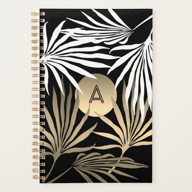 Black Gold Tropical Palm Leaves Initial Planner (Front)