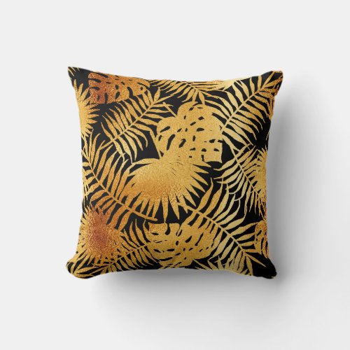 Black gold tropical palm tree leaves glam foliage throw pillow