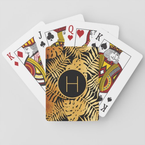 Black gold tropical palm tree leaves monogram poker cards