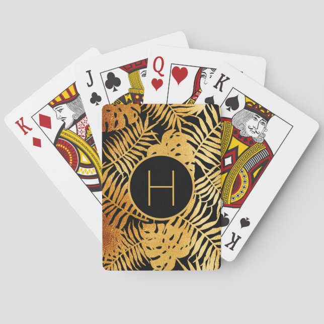 Black gold tropical palm tree leaves monogram poker cards (Back)