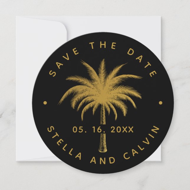 Black & Gold Tropical Palm Tree Photo Wedding Save The Date (Front)