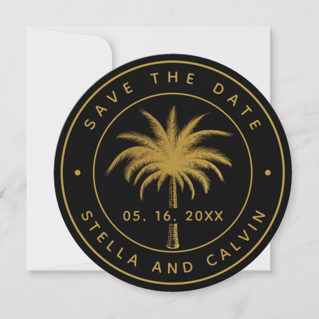 Black & Gold Tropical Palm Tree Photo Wedding Save The Date (Front)