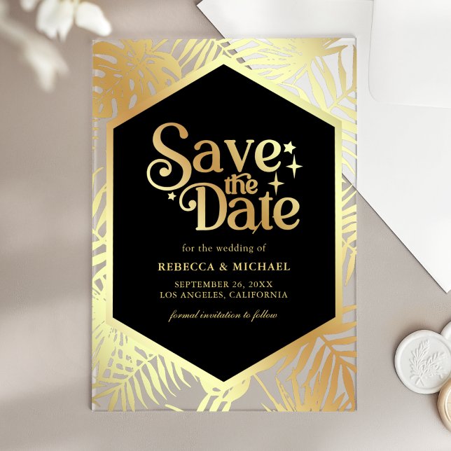 Black Gold Tropical Palm Wedding Save the Date (Creator Uploaded)
