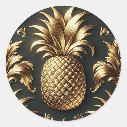 Black  Gold Tropical Pineapple Luxurious Wedding Classic Round Sticker