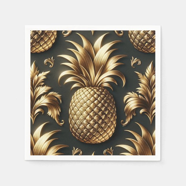 Black & Gold Tropical Pineapple Luxurious Wedding Napkins (Front)