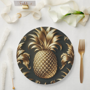 Black & Gold Tropical Pineapple Luxurious Wedding Paper Plates