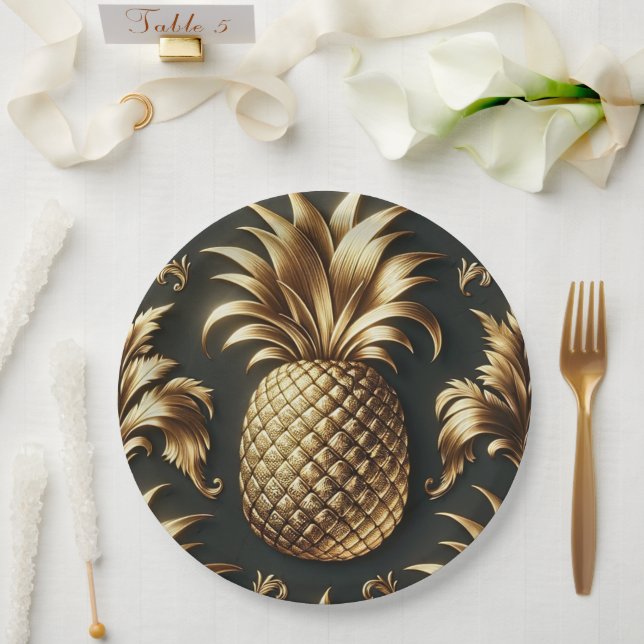 Black & Gold Tropical Pineapple Luxurious Wedding Paper Plates (Wedding)