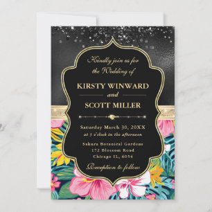 Black Gold Tropical Preppy Flowers Wedding Invitation