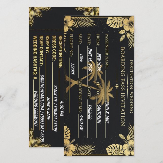 Black Gold Tropical Wedding Boarding Pass Save The Date (Front/Back)
