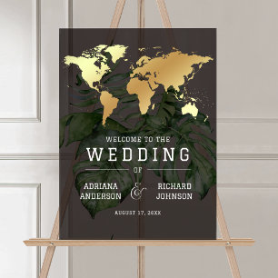 Black Gold Tropical World Map Wedding Welcome Acrylic Sign