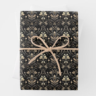 Black Gold Tulip Damask Seamless Pattern Wrapping Paper Sheets