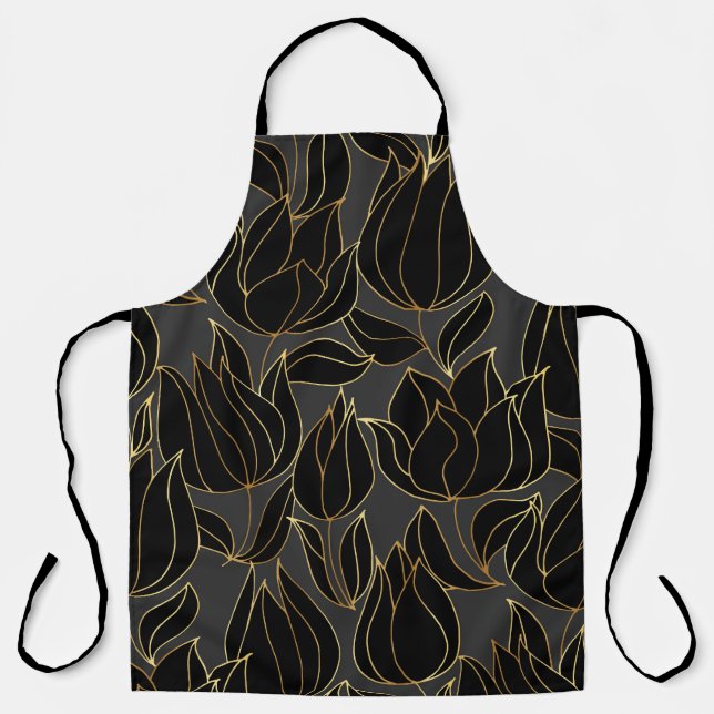 Black Gold Tulips: Luxury Floral Pattern Apron (Front)