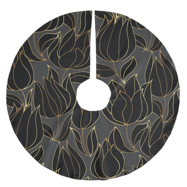 Black Gold Tulips: Luxury Floral Pattern Brushed Polyester Tree Skirt (Front)