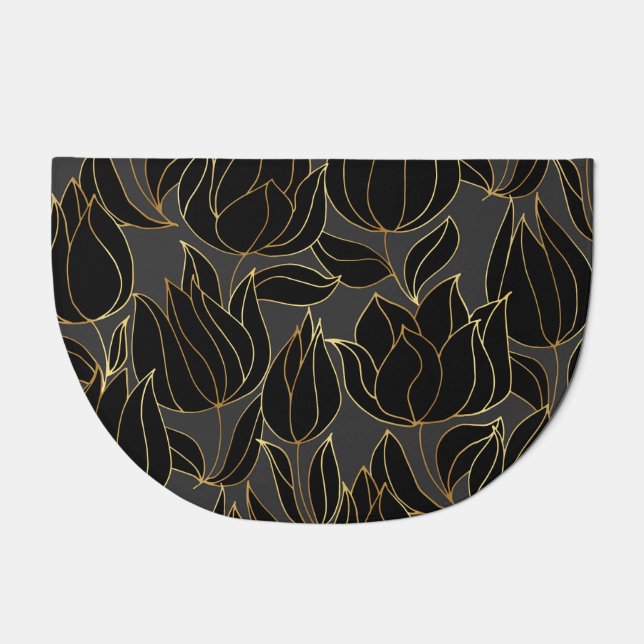 Black Gold Tulips: Luxury Floral Pattern Doormat (Front)