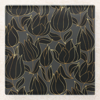 Black Gold Tulips: Luxury Floral Pattern Glass Coaster