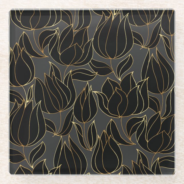 Black Gold Tulips: Luxury Floral Pattern Glass Coaster (Front)