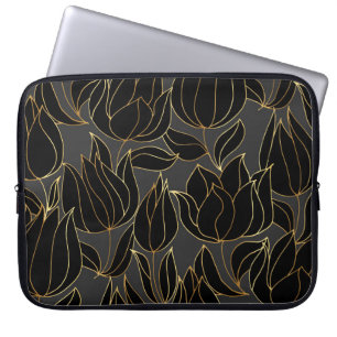 Black Gold Tulips: Luxury Floral Pattern Laptop Sleeve