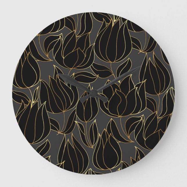 Black Gold Tulips: Luxury Floral Pattern Large Clock (Front)