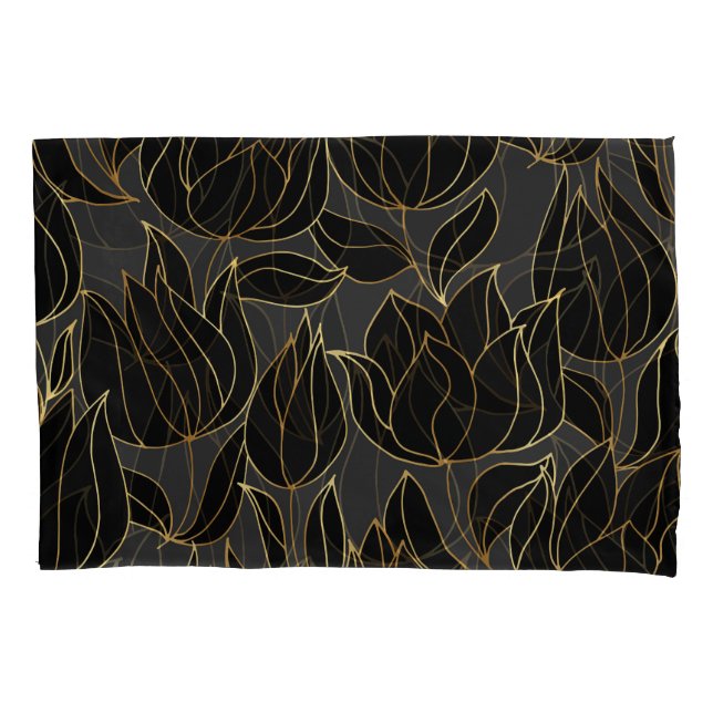 Black Gold Tulips: Luxury Floral Pattern Pillow Case (Front)