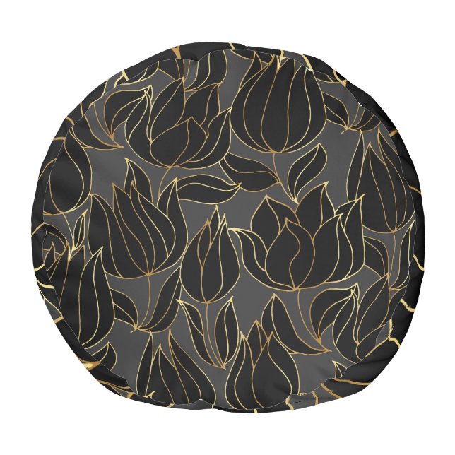 Black Gold Tulips: Luxury Floral Pattern Pouf (Bottom)