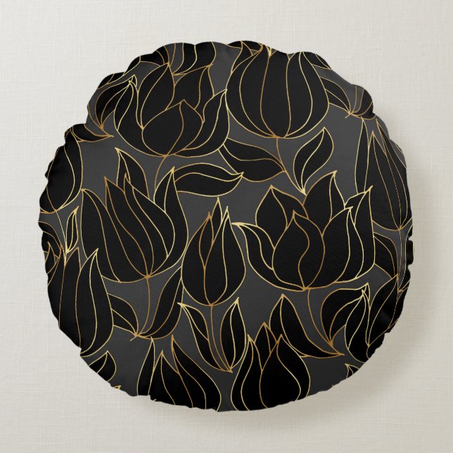 Black Gold Tulips: Luxury Floral Pattern Round Pillow (Front)