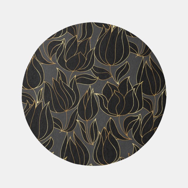 Black Gold Tulips: Luxury Floral Pattern Rug (Front)