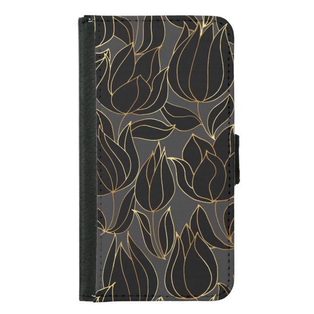 Black Gold Tulips: Luxury Floral Pattern Samsung Galaxy Wallet Case (Front)