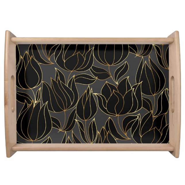 Black Gold Tulips: Luxury Floral Pattern Serving Tray (Front)