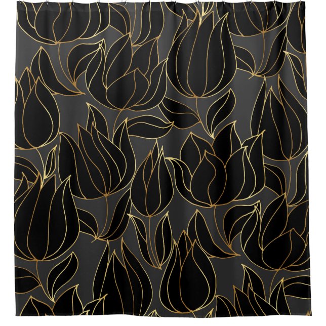 Black Gold Tulips: Luxury Floral Pattern Shower Curtain (Front)
